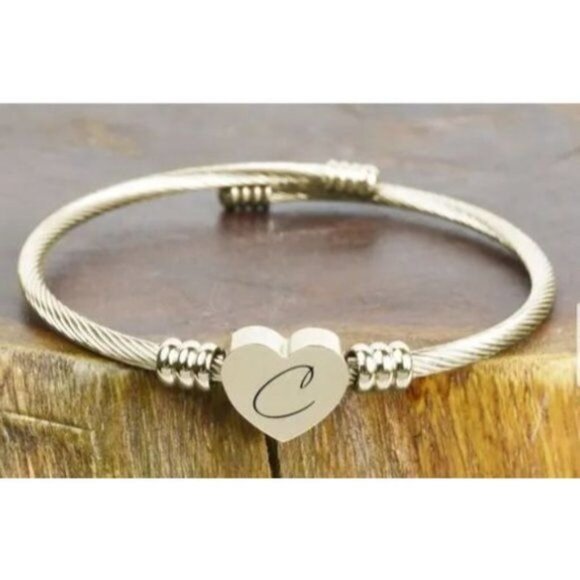 NEW GOLD M INITIAL Letter Heart Cable Bangle Bracelet Rotating Heart Adjustable - Picture 1 of 2